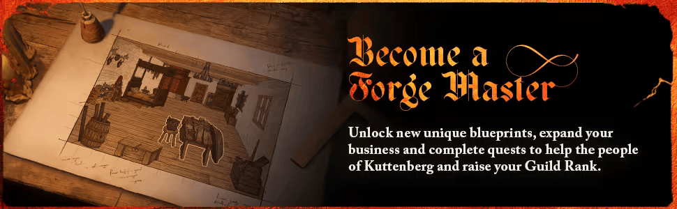 Become a Forge Master. Unlock new unique blueprints, expand your business and complete quests to help the people of Kuttenberg and raise your Guild Rank.